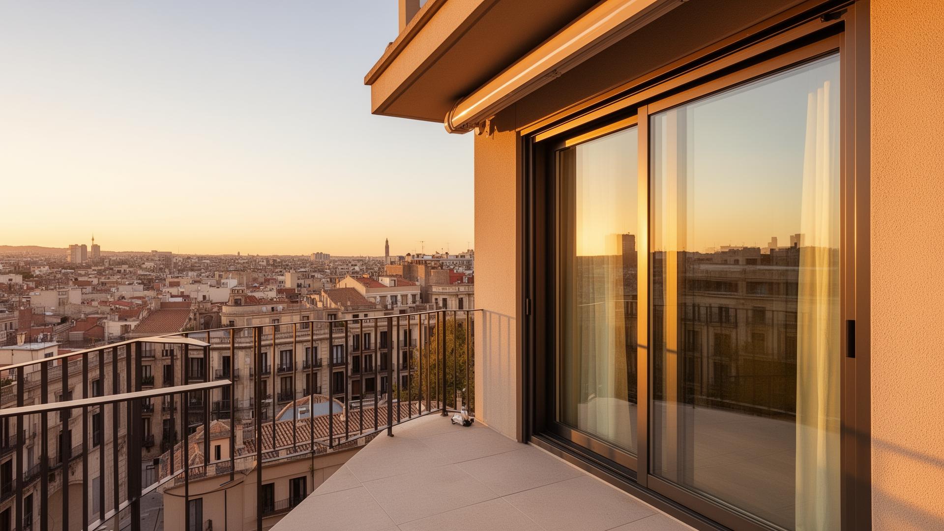Ventanas de aluminio instaladas en una terraza de Barcelona al atardecer